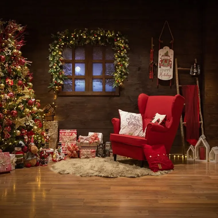 Set navideño con sillón rojo y árbol
